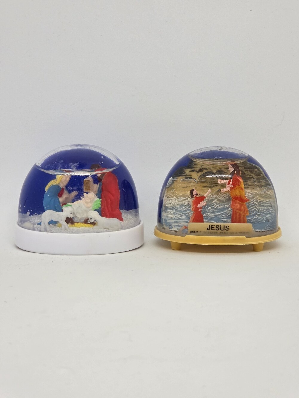 Vintage Set Of 2 Plastic Water Globes Nativity & Jesus Walking On Water